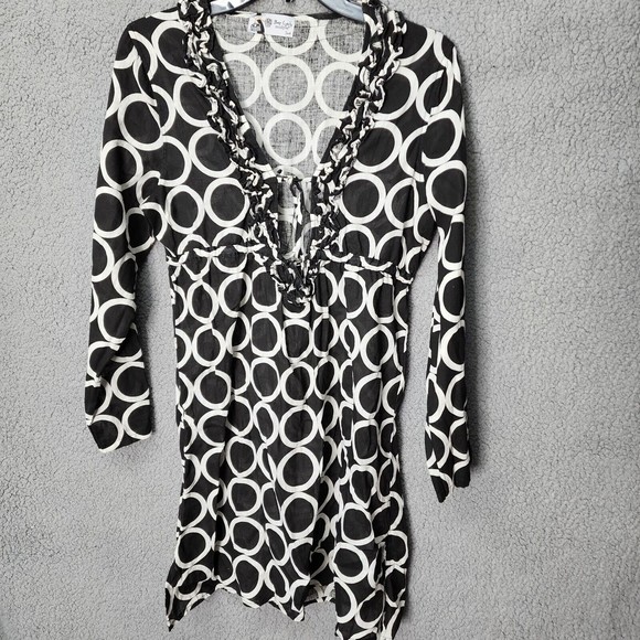 MUDPIE Women BAP LADY Small Black Linen Geometric Swimsuit Cover-Up Tunic Dress - Picture 1 of 8